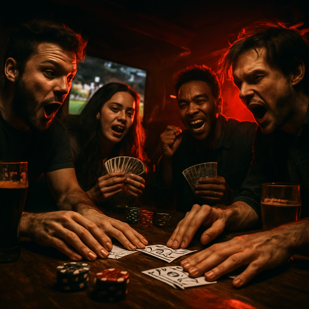 Friends slapping playing cards down on a bar table while watching a game